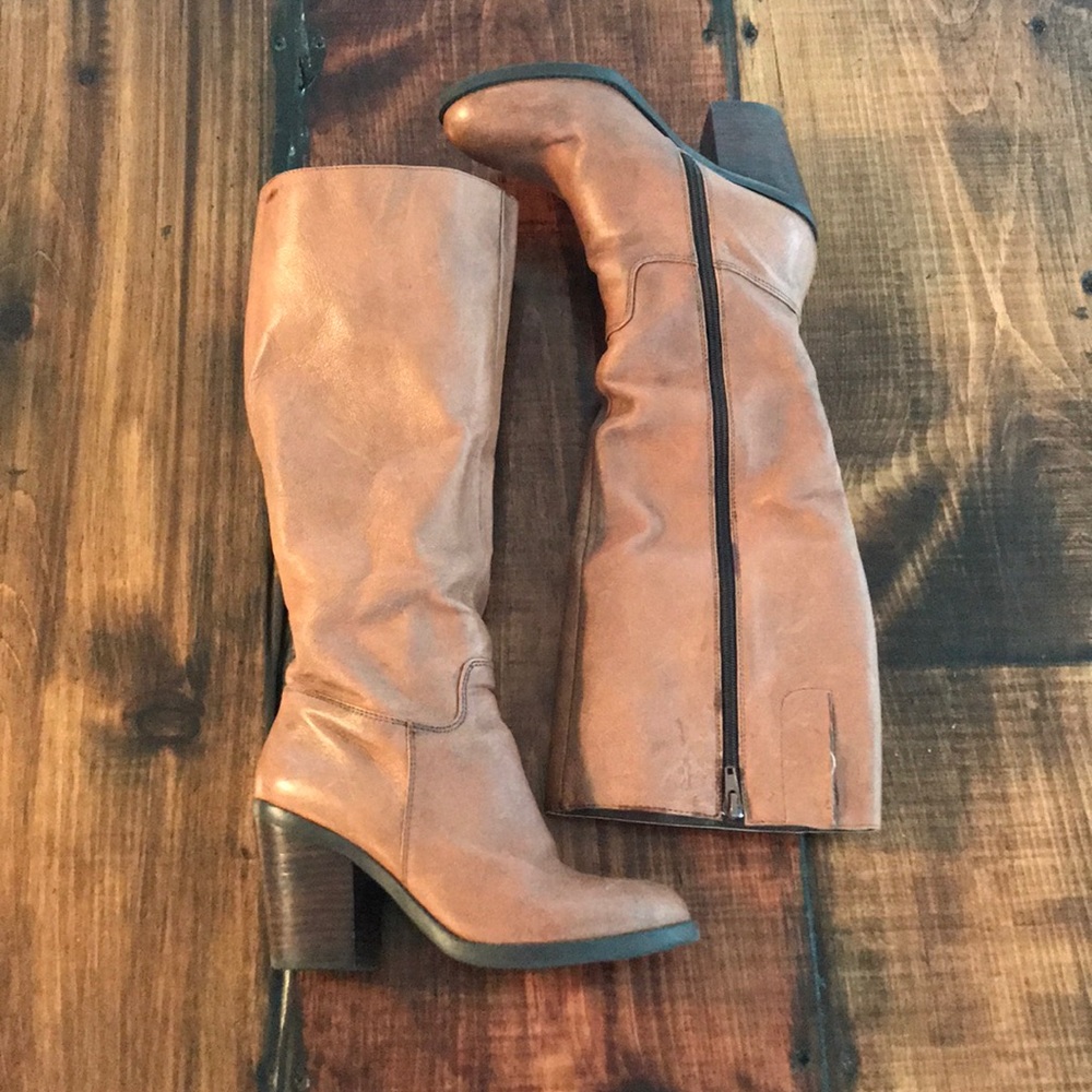 Nine West - Tall, Stacked Heel Brown Boot, Size 7